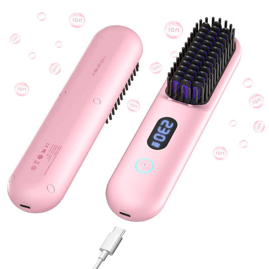Cordless Hair Straightener Brush-Portable 9 Temp-Settings & LED Display for Travel & Home(Pink)